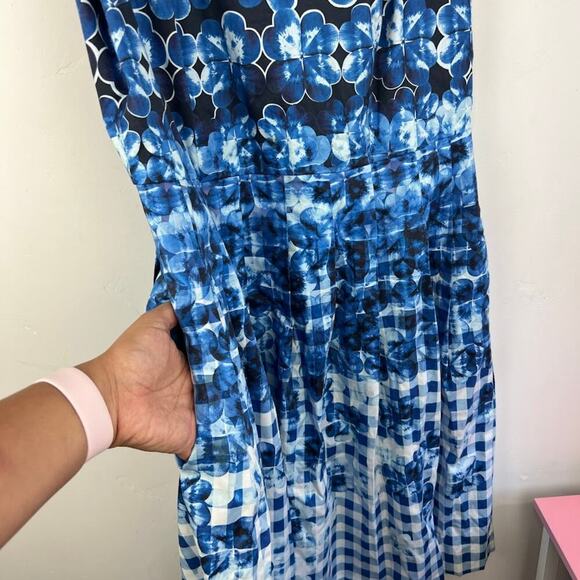 Talbots Blue Floral Ombre Gingham Plaid Printed Fit and Flare Pleated Dress 8 - Picture 5 of 8